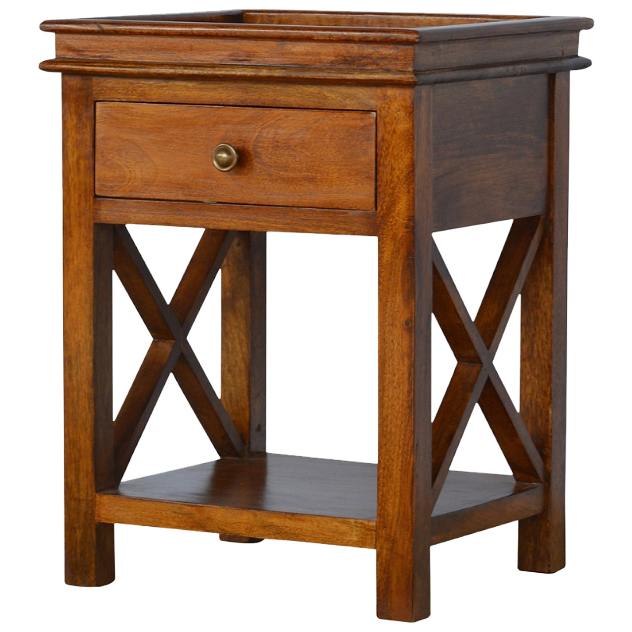 Solid Mango Wood Chestnut Finished 1 Drawer Crossed Sides End Table - Image 2