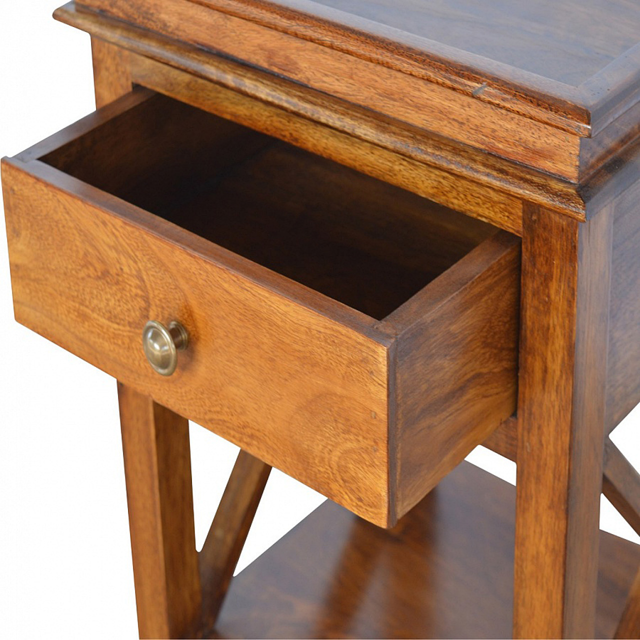 Solid Mango Wood Chestnut Finished 1 Drawer Crossed Sides End Table - Image 6