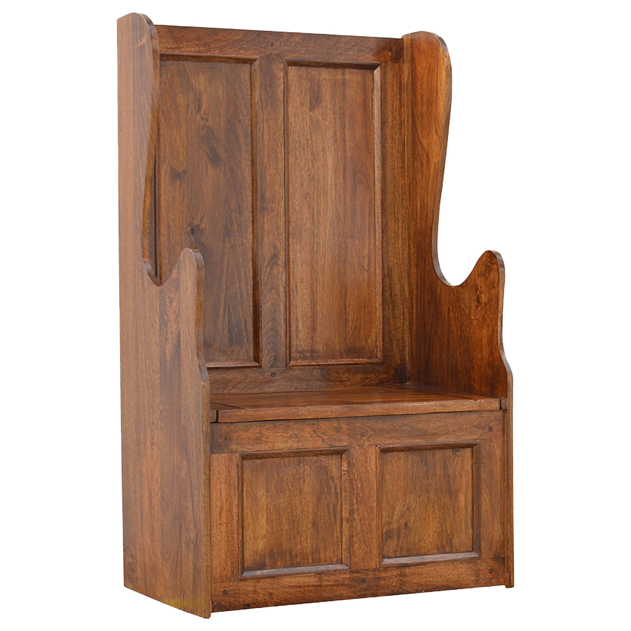 Solid Mango Wood Chestnut Finished Seat Lid up County Style Monks Bench