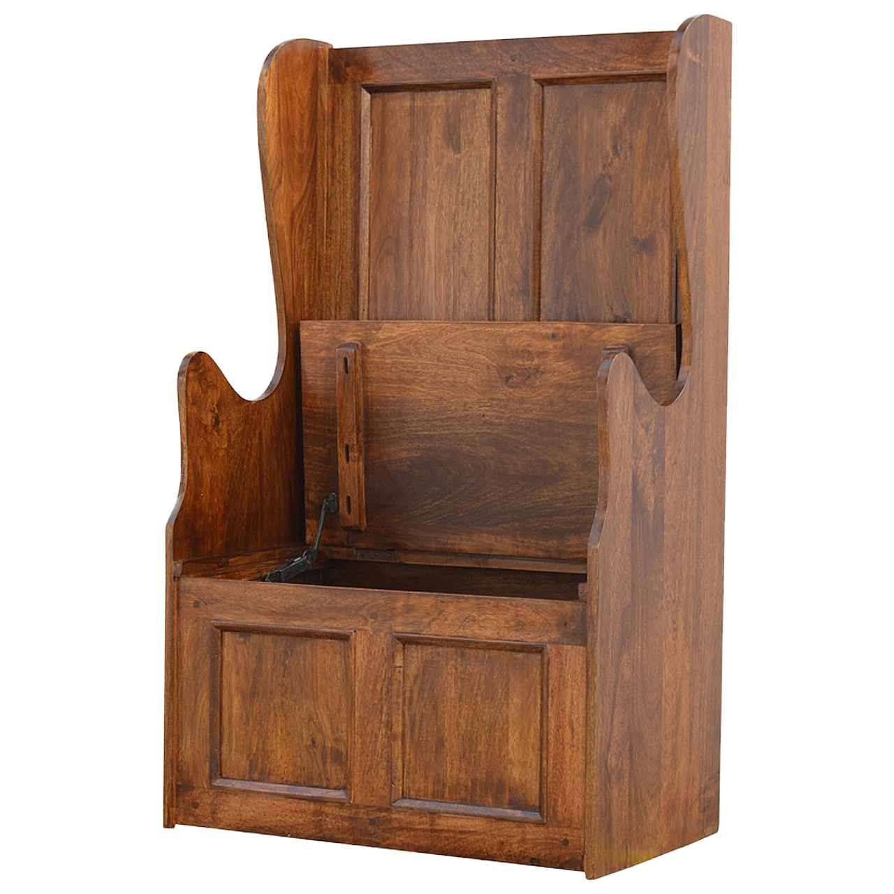 Solid Mango Wood Chestnut Finished Seat Lid up County Style Monks Bench - Image 4