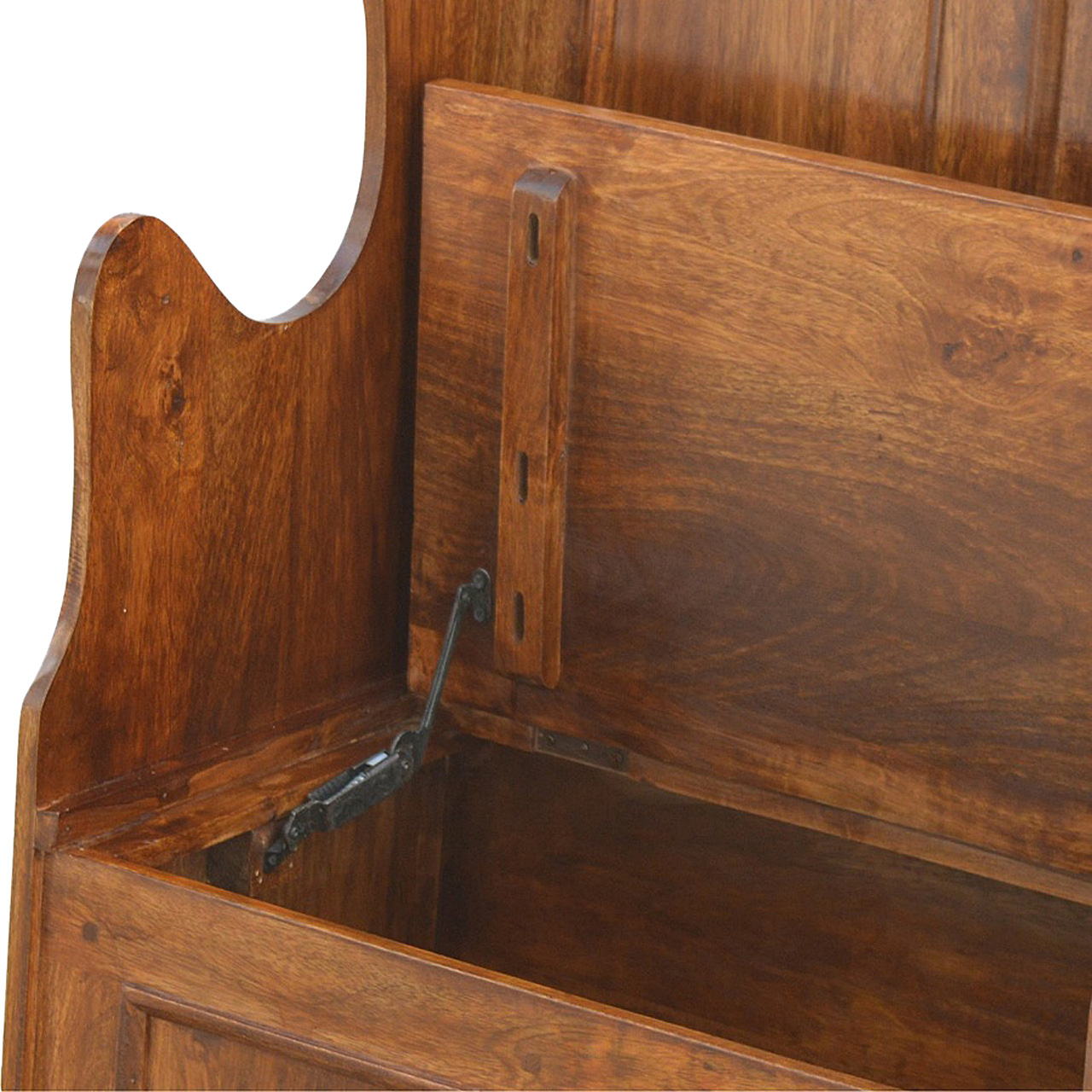 Solid Mango Wood Chestnut Finished Seat Lid up County Style Monks Bench - Image 3