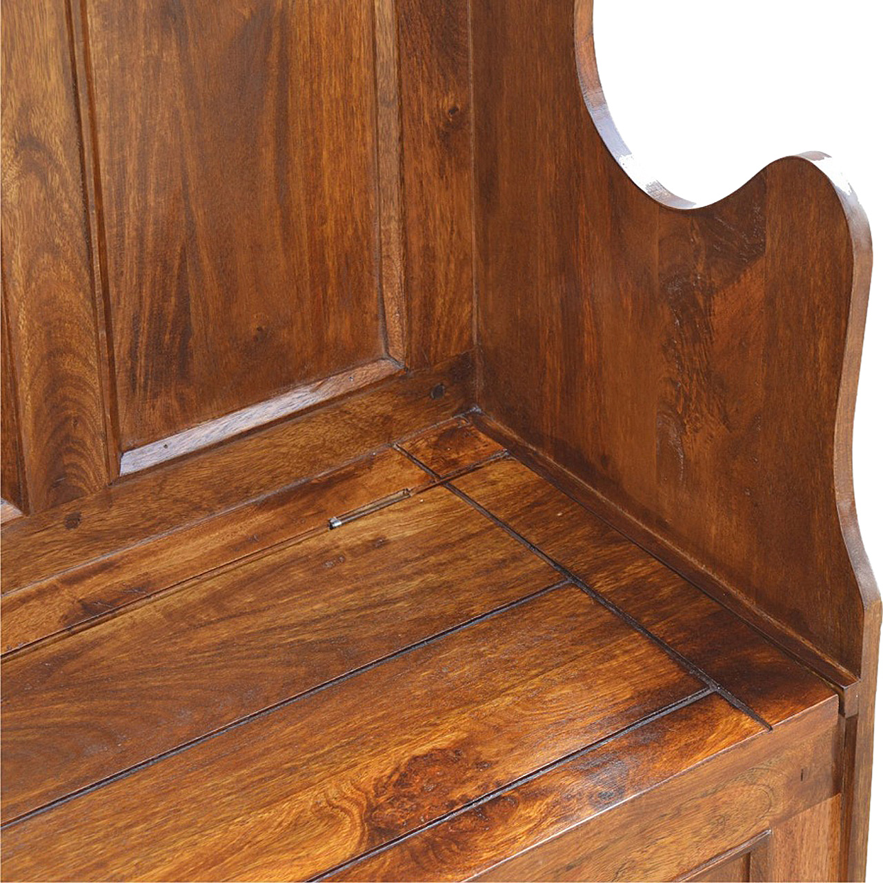 Solid Mango Wood Chestnut Finished Seat Lid up County Style Monks Bench - Image 5
