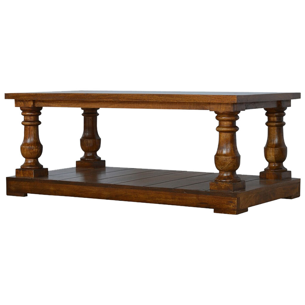 Solid Mango Wood Chestnut Finished Coffee Table with Hand Turned Legs
