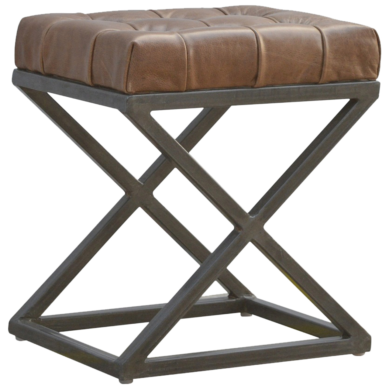 Solid Mango Wood Iron Based Leather Upholstered Industrial Cross Metal Stool - Image 2