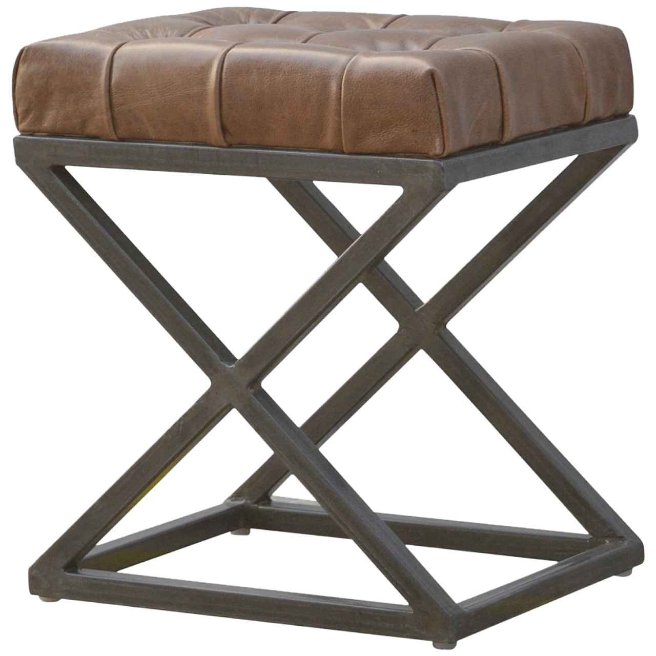 Solid Mango Wood Iron Based Leather Upholstered Industrial Cross Metal Stool - Image 3