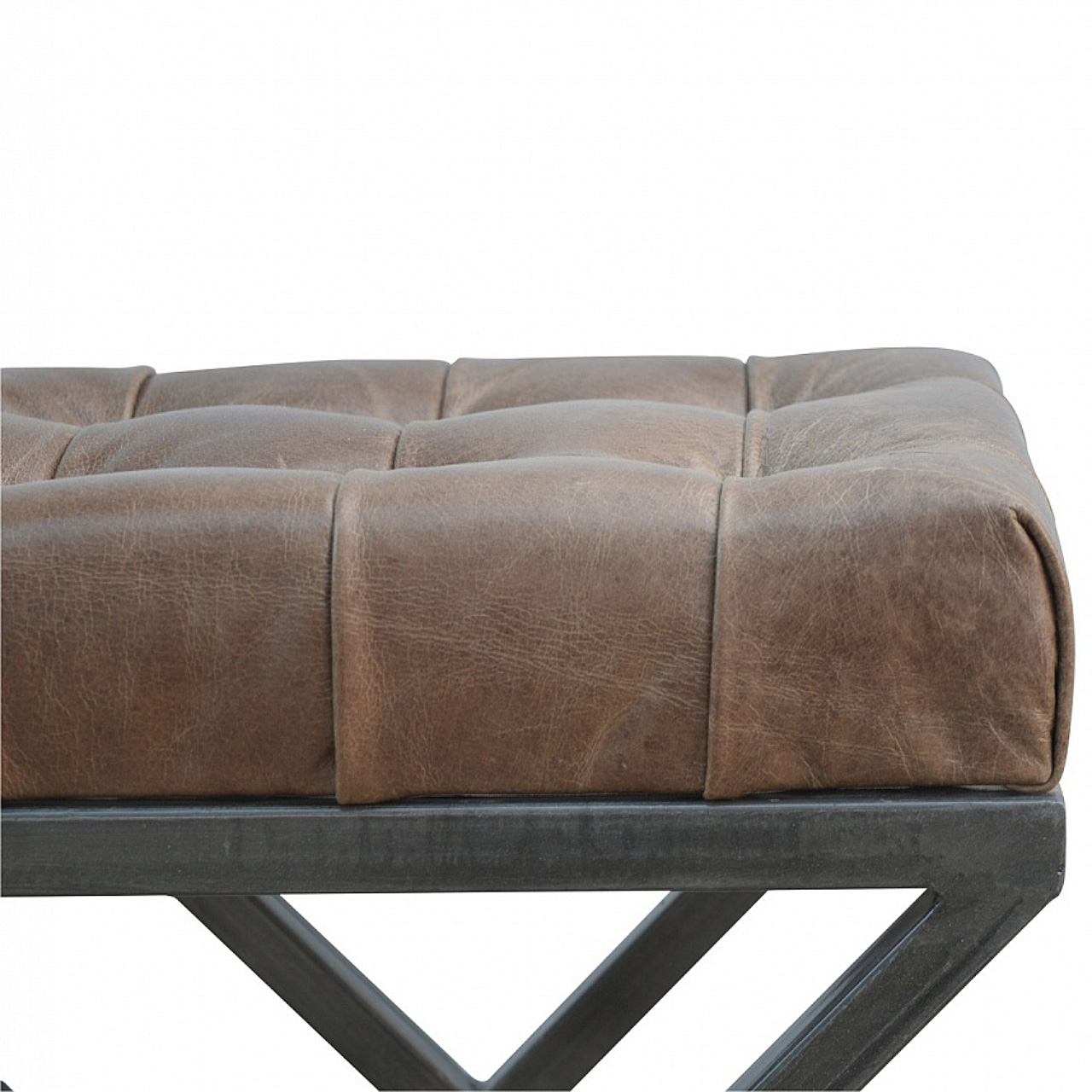 Solid Mango Wood Iron Based Leather Upholstered Industrial Cross Metal Stool - Image 4