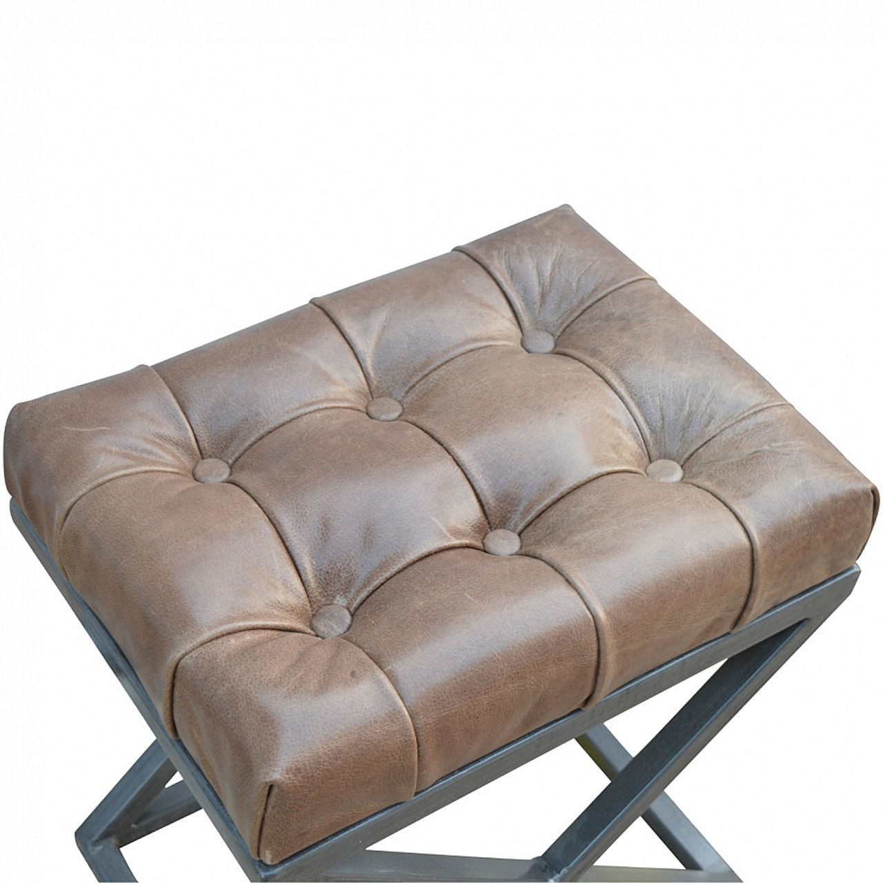 Solid Mango Wood Iron Based Leather Upholstered Industrial Cross Metal Stool - Image 6
