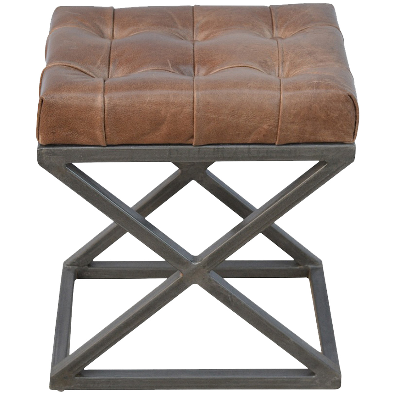 Solid Mango Wood Iron Based Leather Upholstered Industrial Cross Metal Stool - Image 9