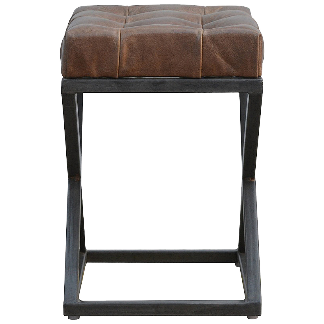 Solid Mango Wood Iron Based Leather Upholstered Industrial Cross Metal Stool - Image 8