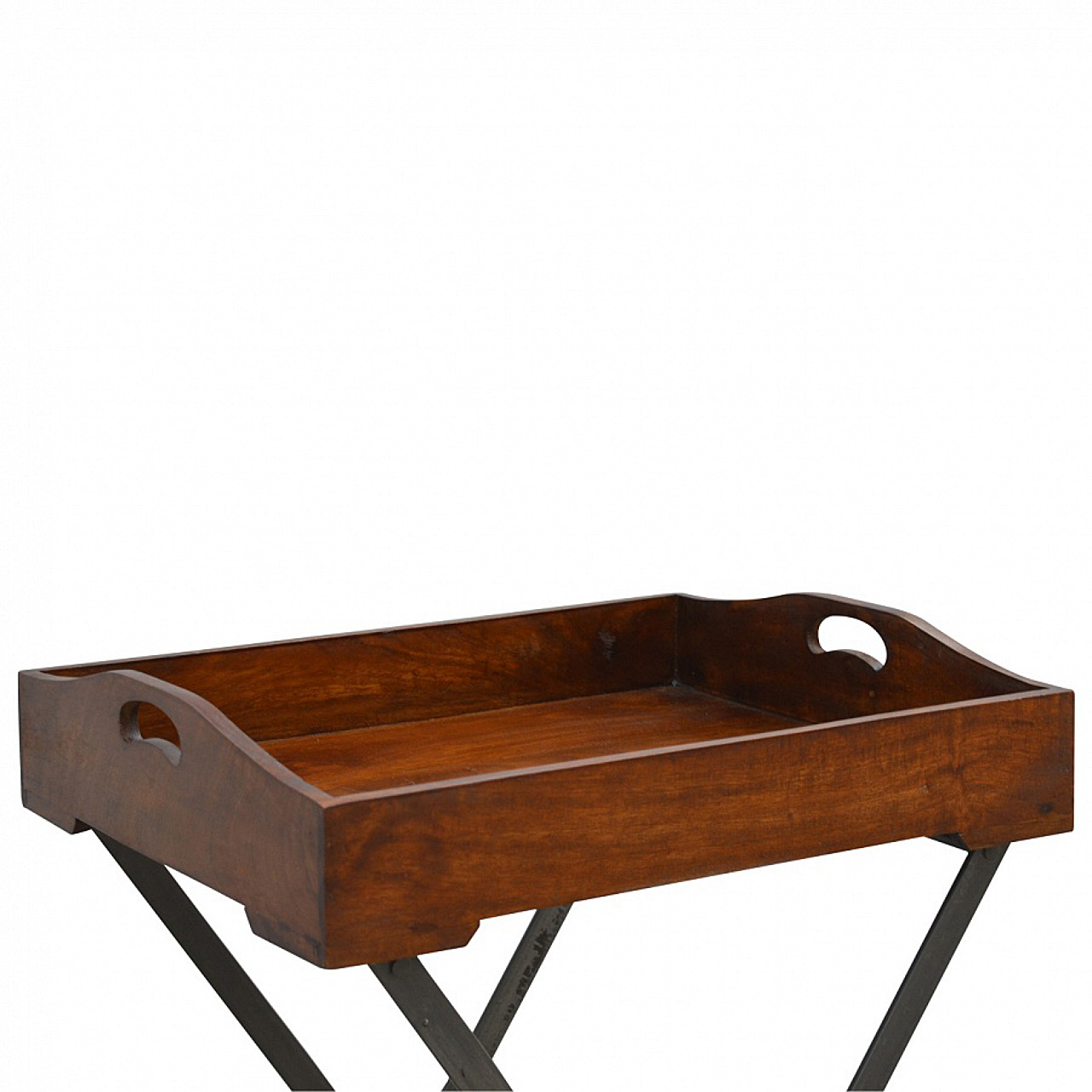 Solid Mango Wood Chestnut Finished Tray With Cross Iron Base - Image 3