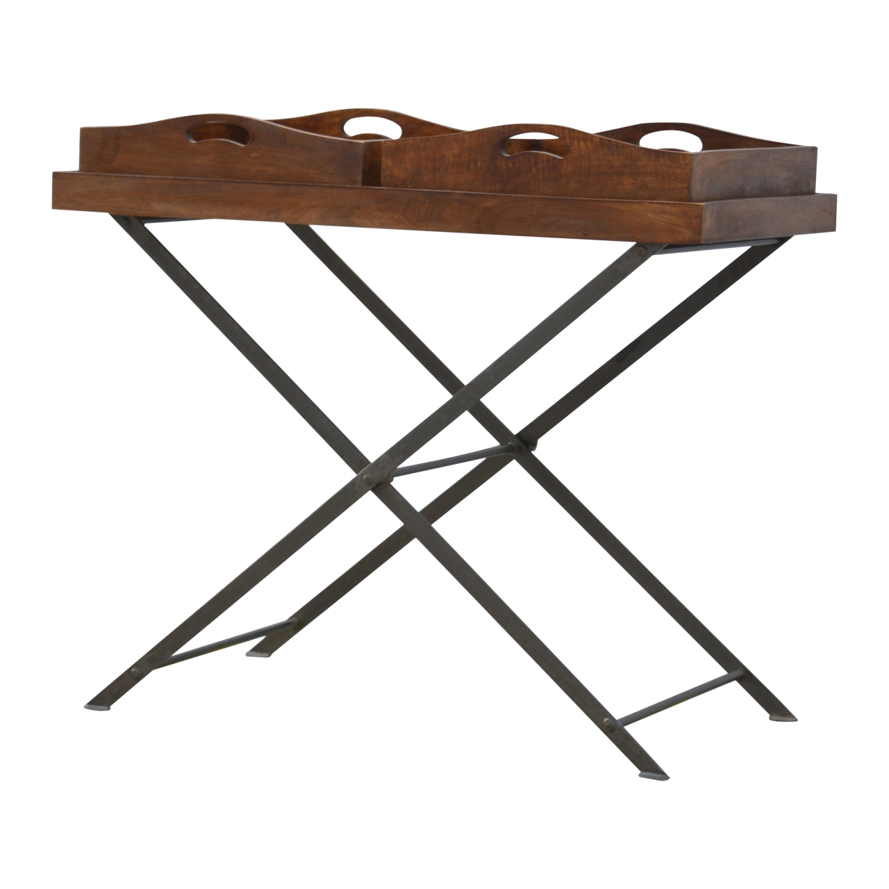 Solid Mango Wood Chestnut Finished Industrial Double Butler Tray Table - Image 2