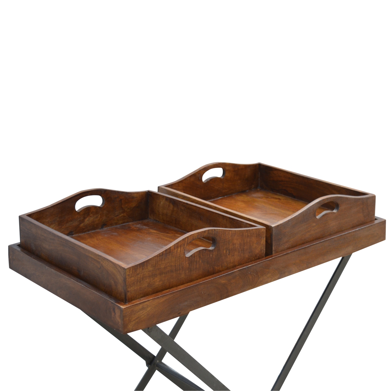 Solid Mango Wood Chestnut Finished Industrial Double Butler Tray Table - Image 3