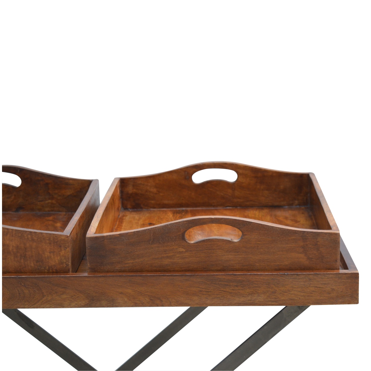 Solid Mango Wood Chestnut Finished Industrial Double Butler Tray Table - Image 4
