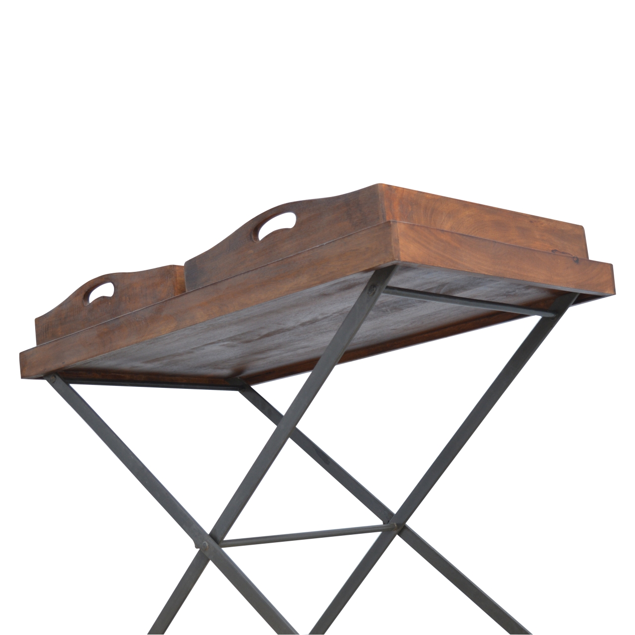 Solid Mango Wood Chestnut Finished Industrial Double Butler Tray Table - Image 6