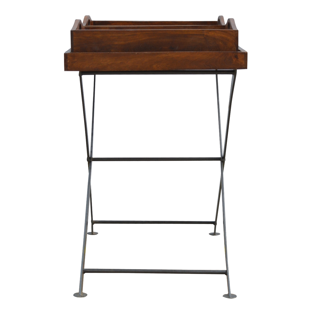 Solid Mango Wood Chestnut Finished Industrial Double Butler Tray Table - Image 7