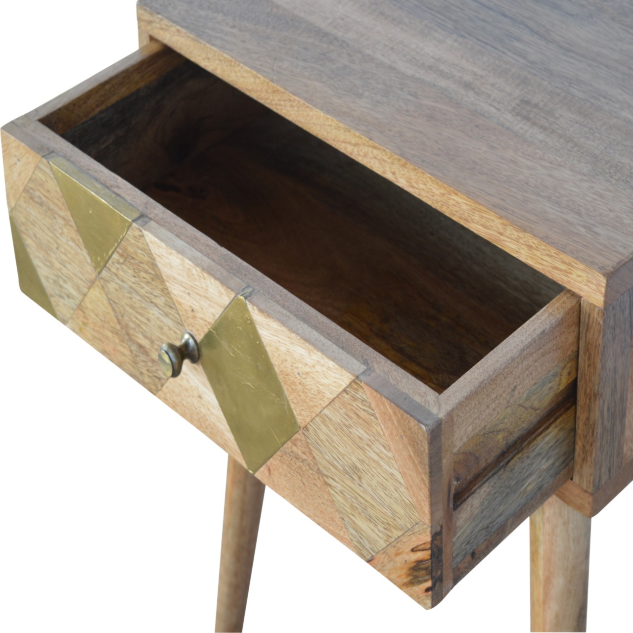 Solid Mango Wood Oak Finished 1 Drawer Bedside with Brass Inlay - Image 5