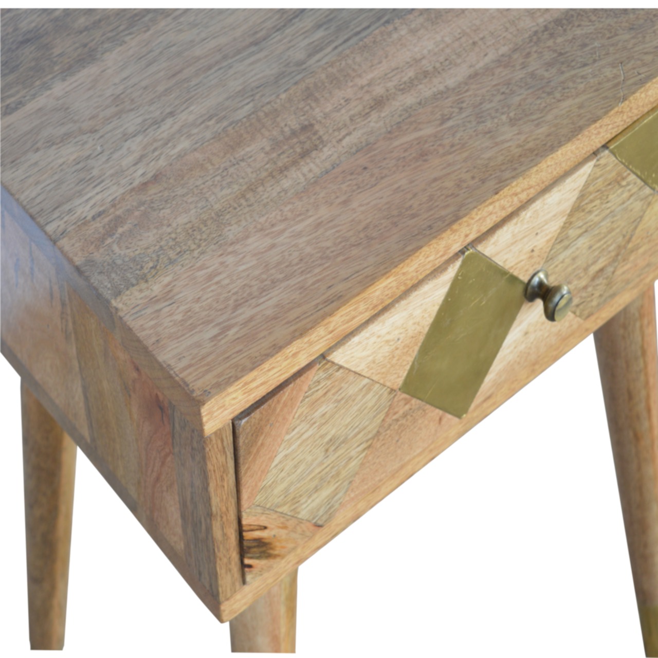 Solid Mango Wood Oak Finished 1 Drawer Bedside with Brass Inlay - Image 6