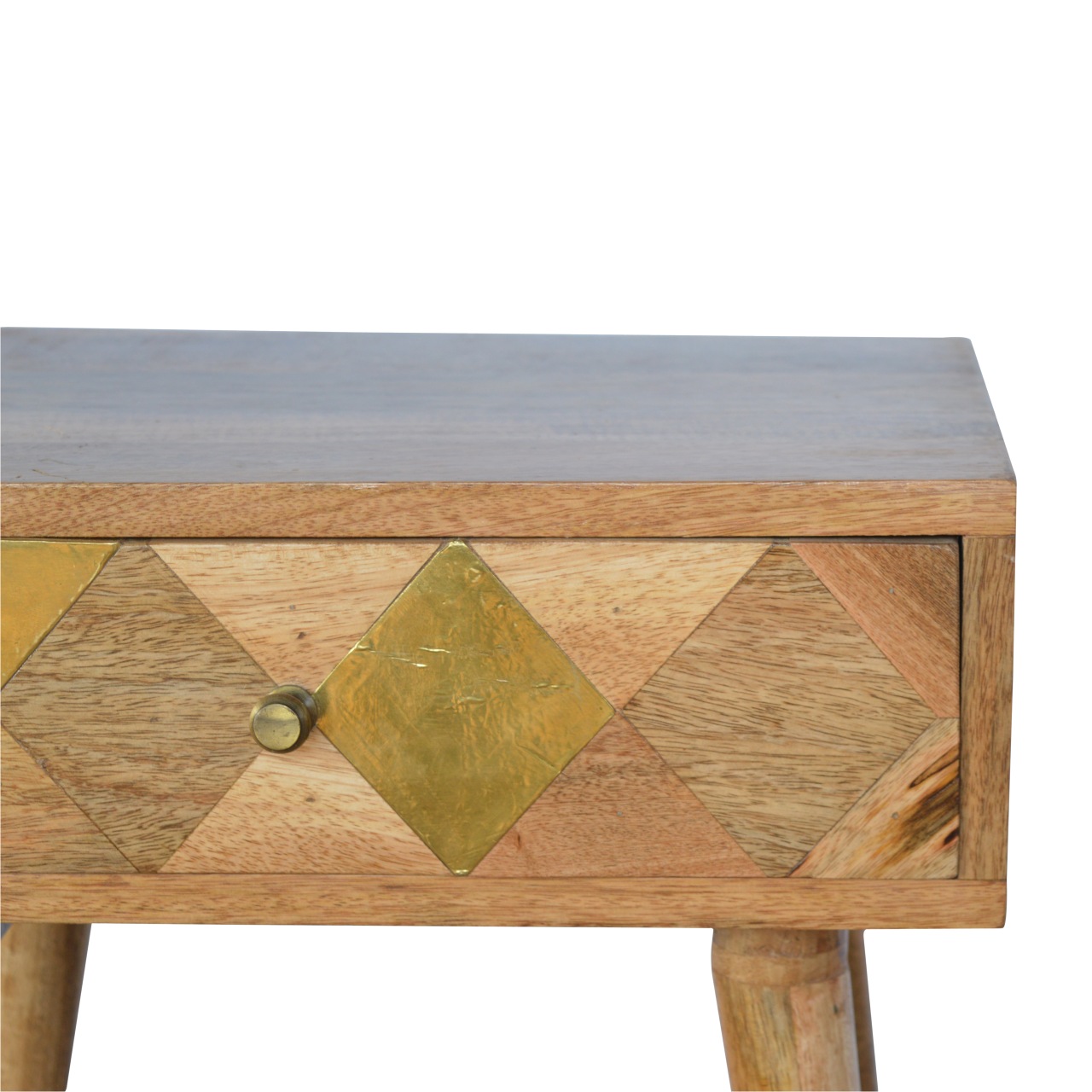 Solid Mango Wood Oak Finished 1 Drawer Bedside with Brass Inlay - Image 4