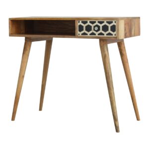 Solid Mango Wood Oak Finished Bone Inlay 1 Drawer 1 Slot Scandinavian Legs Desk
