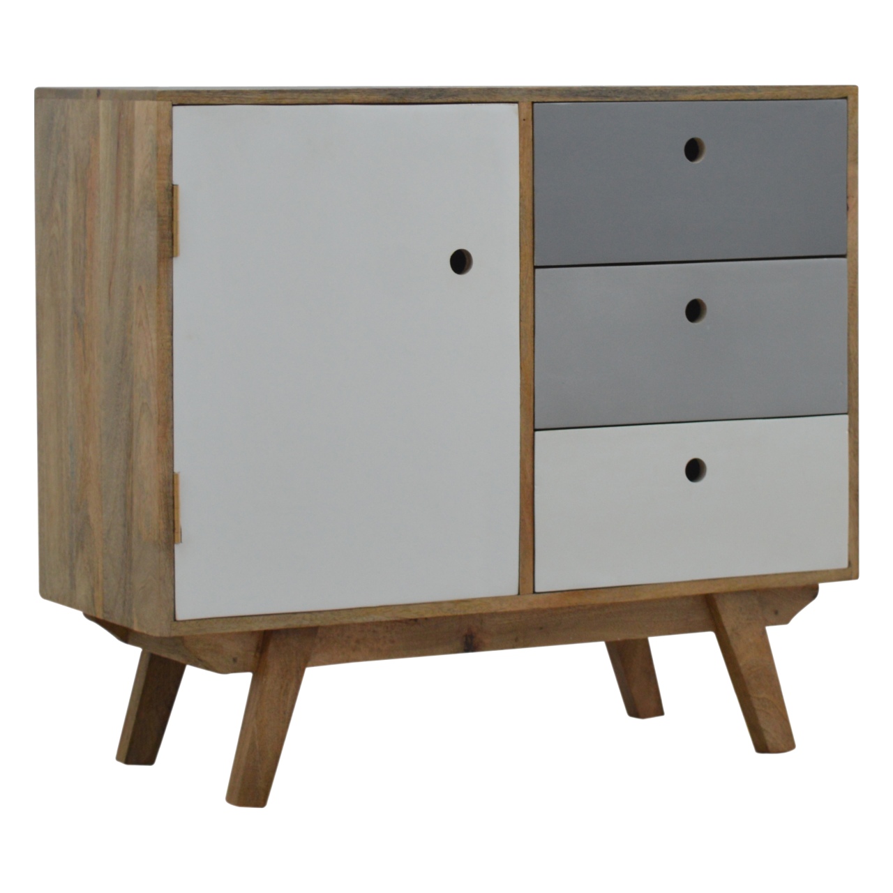 Solid Mango Wood Oak Finished 3 Drawer 1 Door Two Tone Hand Painted Cabinet - Image 3