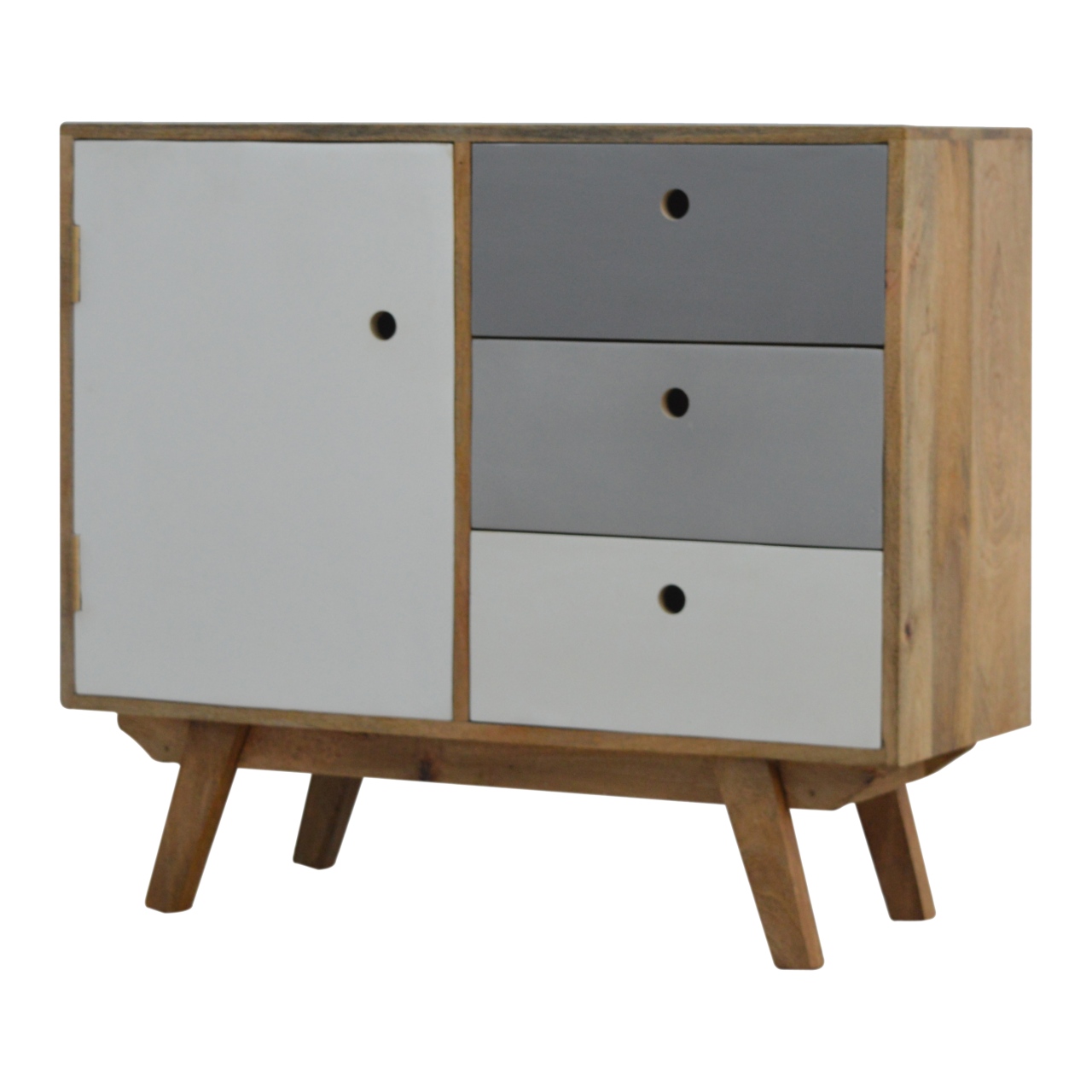 Solid Mango Wood Oak Finished 3 Drawer 1 Door Two Tone Hand Painted Cabinet - Image 2
