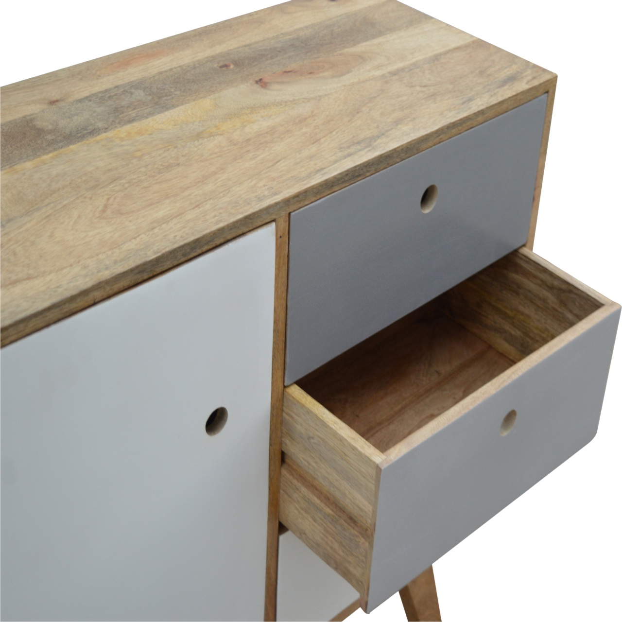 Solid Mango Wood Oak Finished 3 Drawer 1 Door Two Tone Hand Painted Cabinet - Image 5