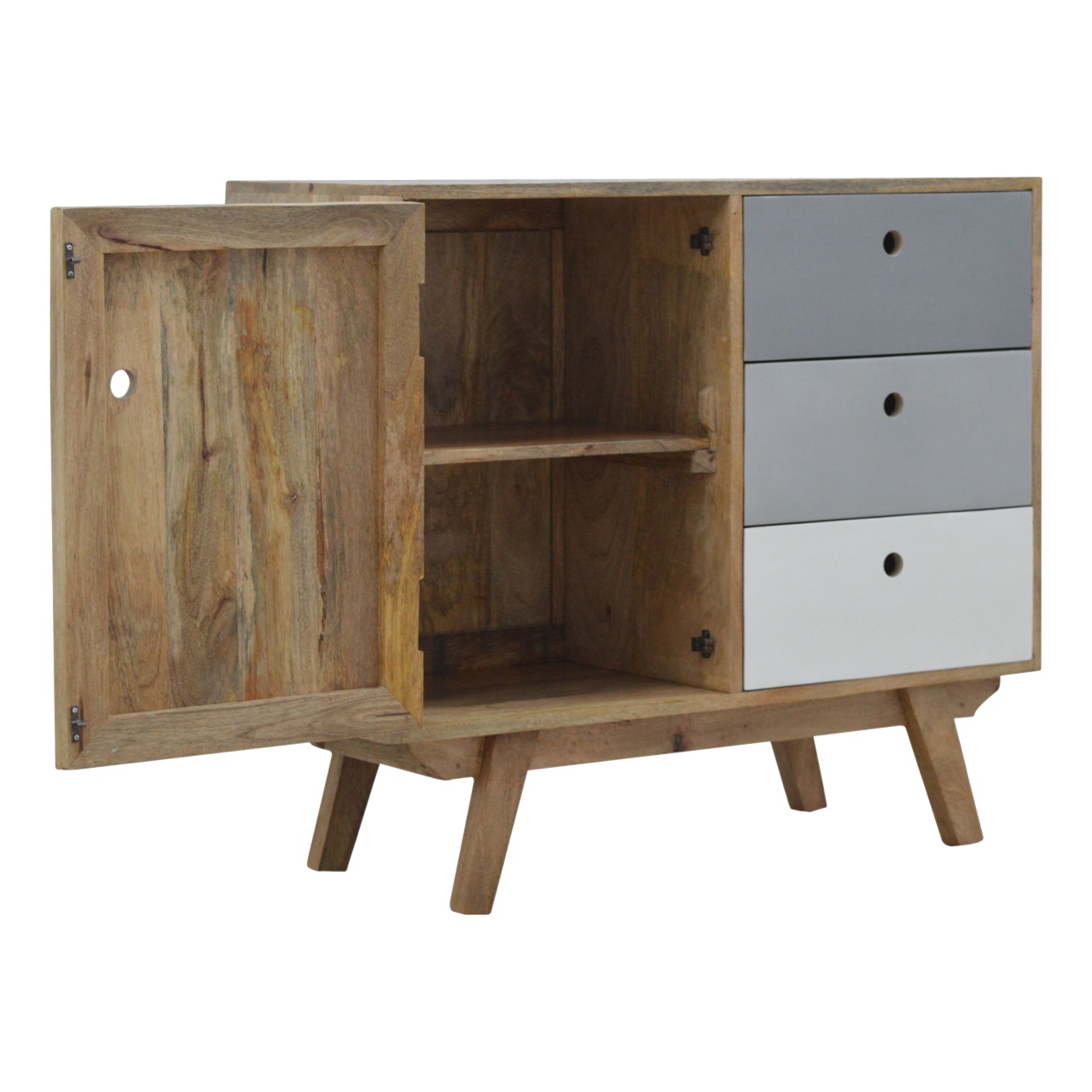 Solid Mango Wood Oak Finished 3 Drawer 1 Door Two Tone Hand Painted Cabinet - Image 6