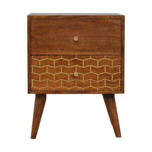 Solid Mango Wood Chestnut Finished 2 Drawer Gold Art Pattern Bedside