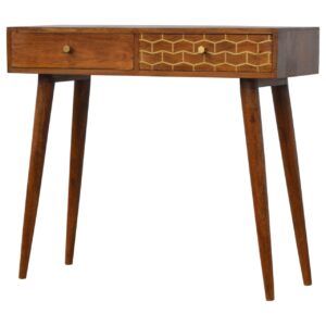 Solid Mango Wood Oak Finished 2 Drawer Chestnut Writing Desk with Gold Inlay Drawer Front