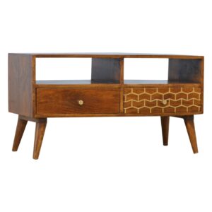 Solid Mango Wood Gold Pattern Drawer Media Unit