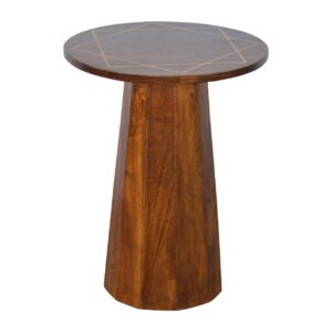 Solid Mango Wood Chestnut Finished Geometric Gold Wire Print Brass Inlay End Table