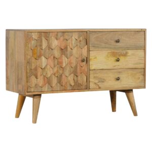Solid Mango Wood Three Drawers One Hand Carved Pineapple Front Cupboard