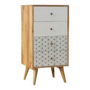 Solid Mango Wood 4 Drawer Tallboy with 2 Geometric Screen Printed Drawer Fronts