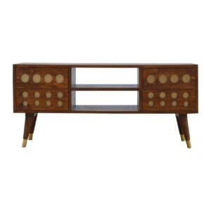 Solid Mango Wood Chestnut Finished 4 Drawer 2 Slot Brass Hole Inlay Media Unit