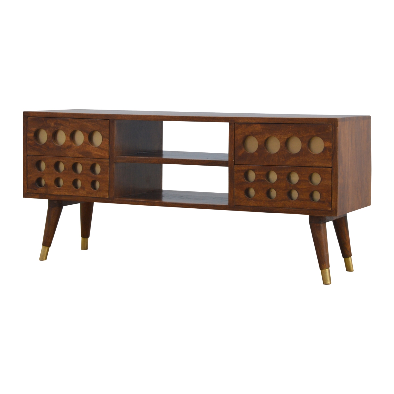 Solid Mango Wood Chestnut Finished 4 Drawer 2 Slot Brass Hole Inlay Media Unit - Image 2