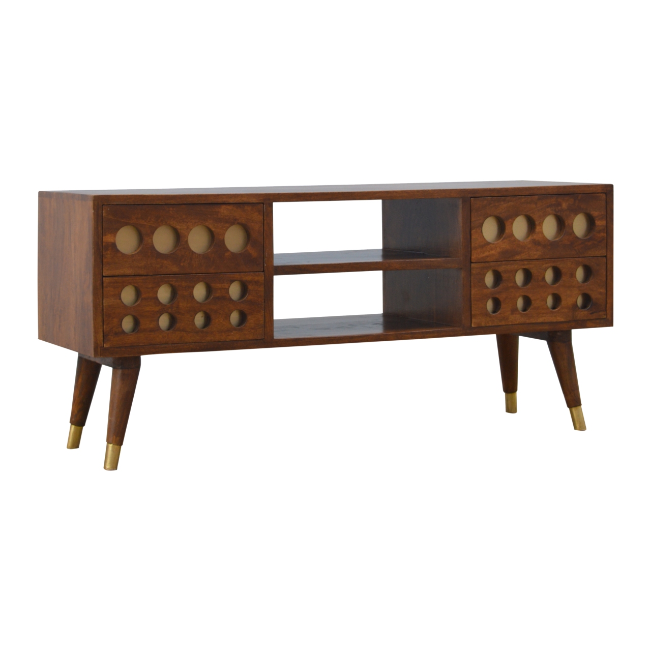 Solid Mango Wood Chestnut Finished 4 Drawer 2 Slot Brass Hole Inlay Media Unit - Image 3