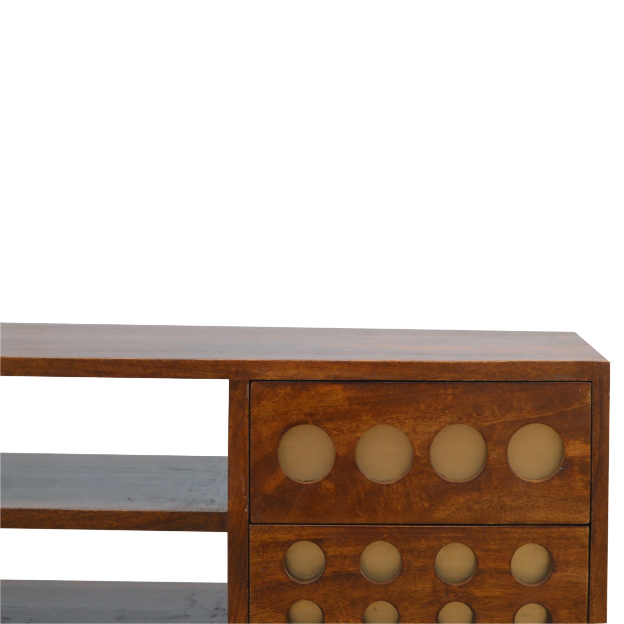 Solid Mango Wood Chestnut Finished 4 Drawer 2 Slot Brass Hole Inlay Media Unit - Image 6