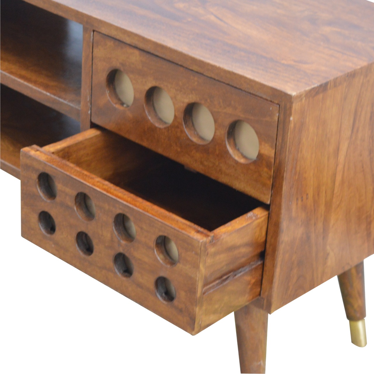 Solid Mango Wood Chestnut Finished 4 Drawer 2 Slot Brass Hole Inlay Media Unit - Image 4