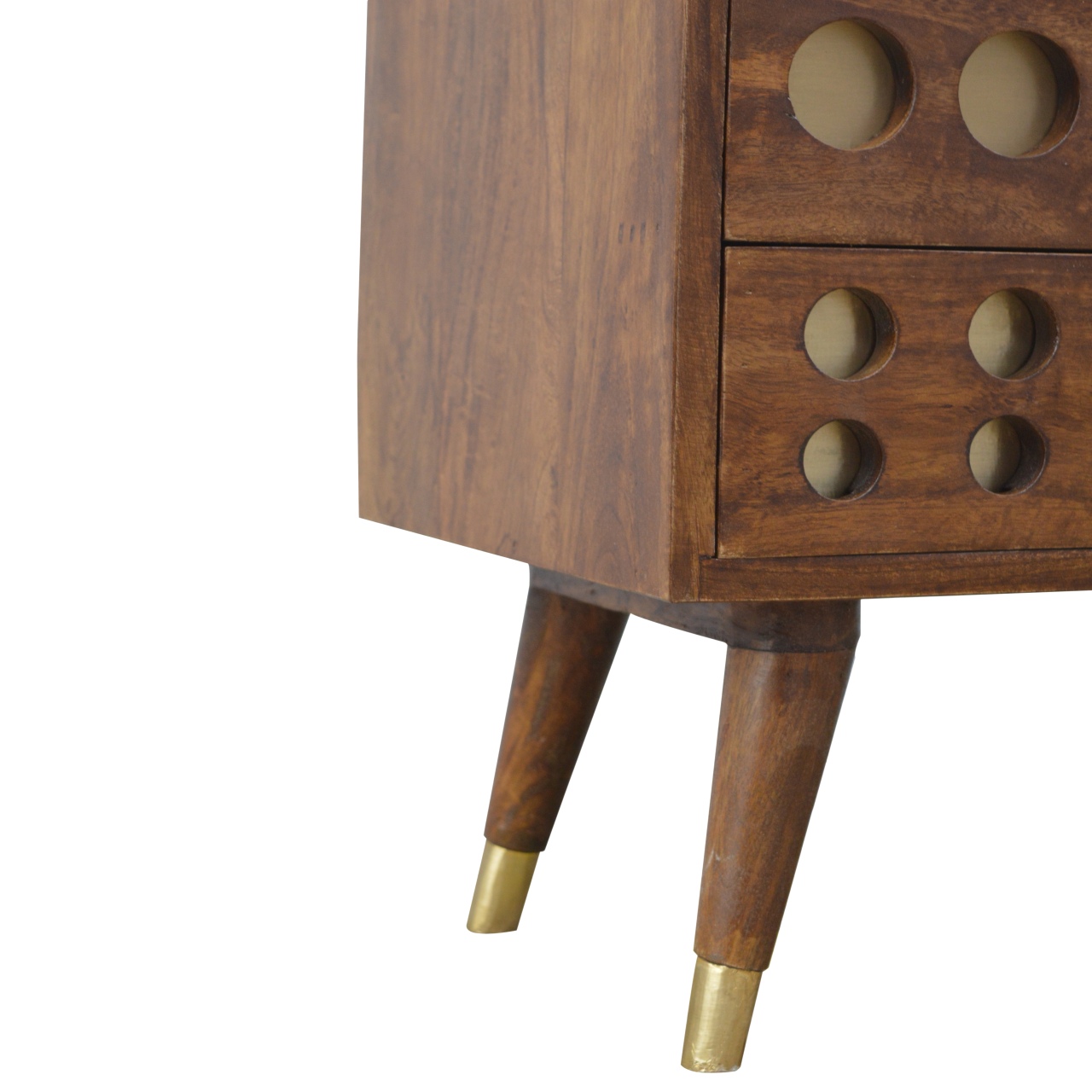 Solid Mango Wood Chestnut Finished 4 Drawer 2 Slot Brass Hole Inlay Media Unit - Image 7