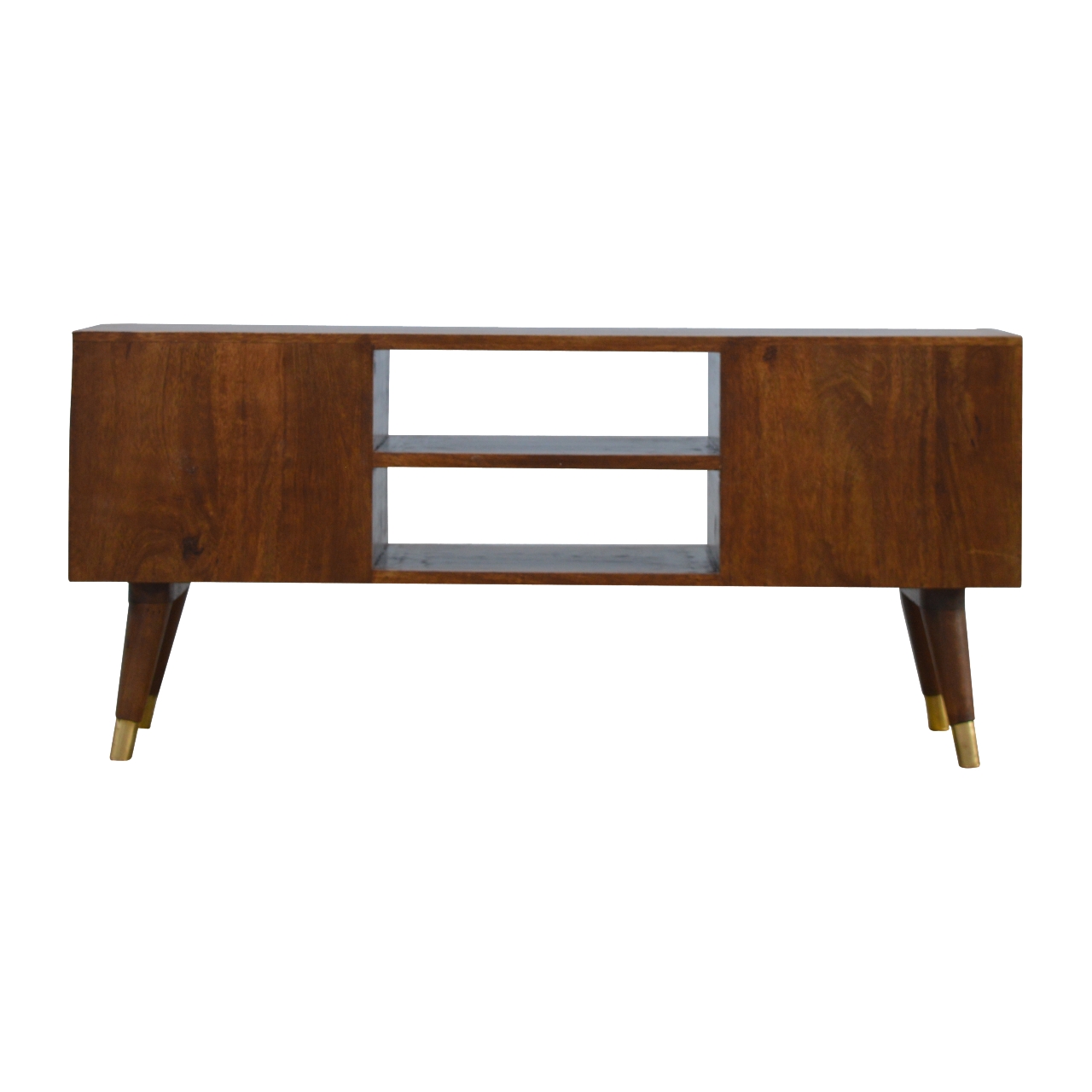 Solid Mango Wood Chestnut Finished 4 Drawer 2 Slot Brass Hole Inlay Media Unit - Image 8