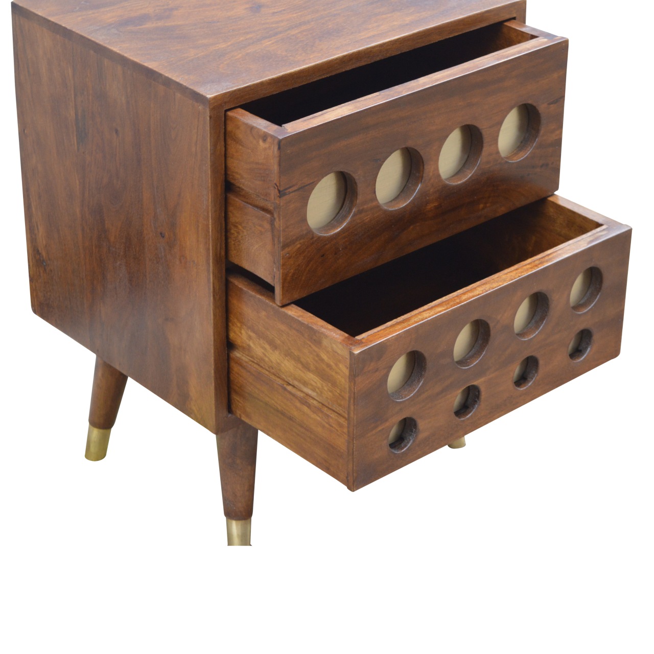 Solid Mango Wood Chestnut Finished Brass Cut-Out Bedside - Image 6