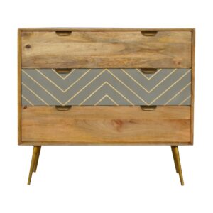 Solid Mango Wood Oak Finished 3 Drawer Cement/Brass Inlay Cabinet1