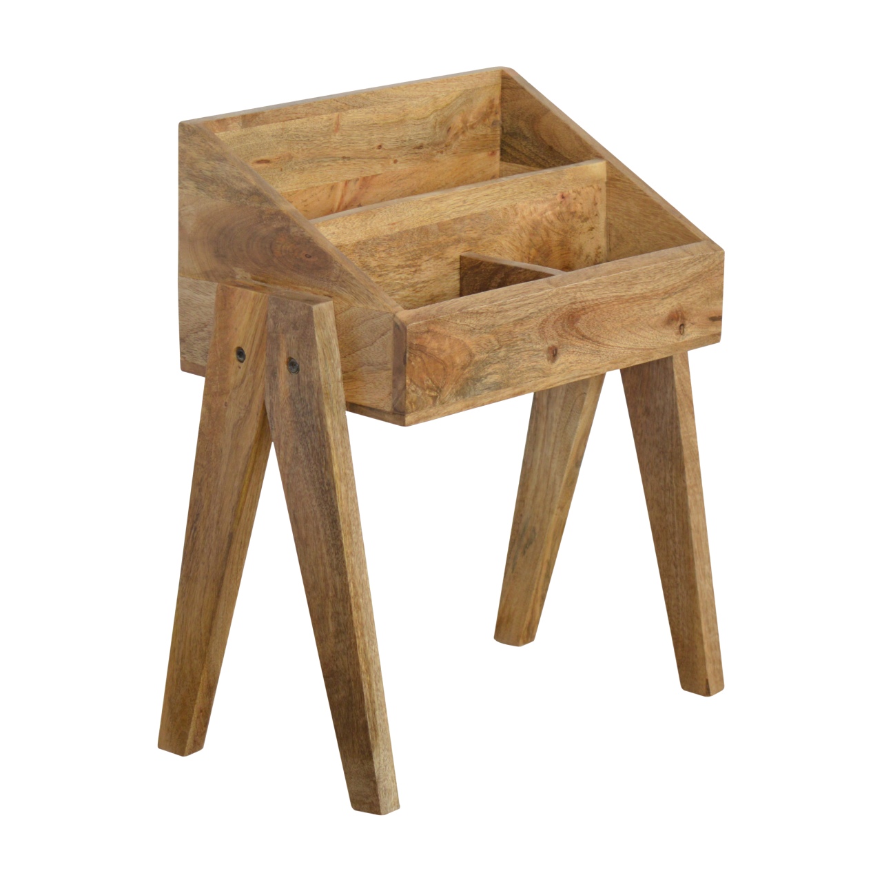 Solid Mango Wood Oak Finished Trestle Magazine Rack - Image 2