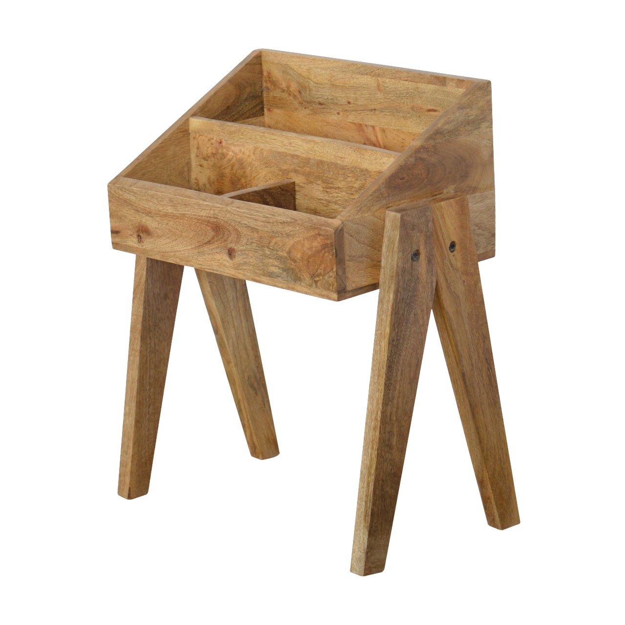 Solid Mango Wood Oak Finished Trestle Magazine Rack - Image 3
