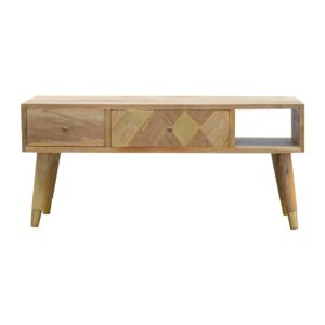 Solid Mango Wood Oak Finished 2 Drawers 1 Slot Gold Inlay Media Unit