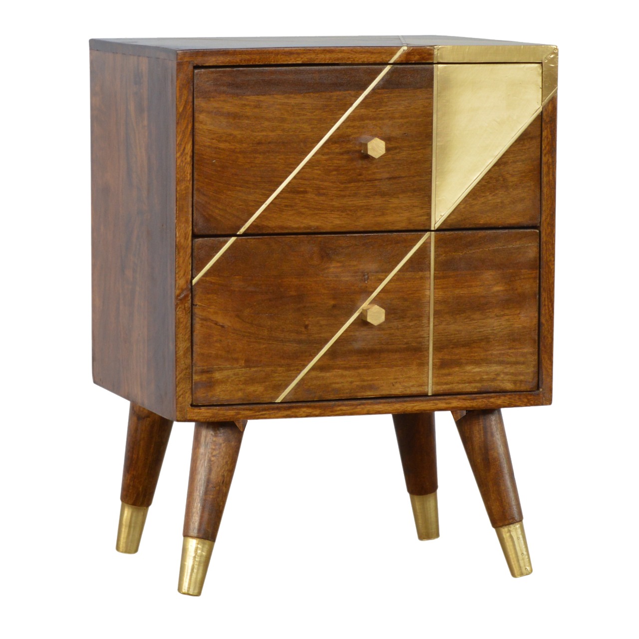 Solid Chestnut Finished Mango Wood Two Drawer Geometric Brass Cabinet1 - Image 2