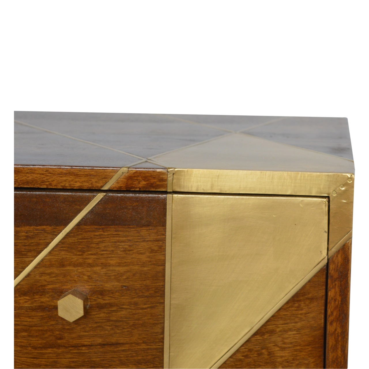 Solid Chestnut Finished Mango Wood Two Drawer Geometric Brass Cabinet1 - Image 5