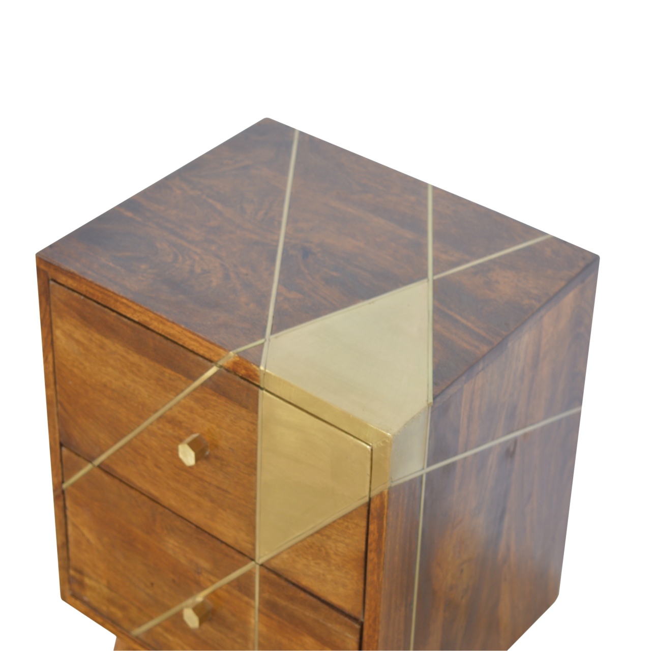 Solid Chestnut Finished Mango Wood Two Drawer Geometric Brass Cabinet1 - Image 4