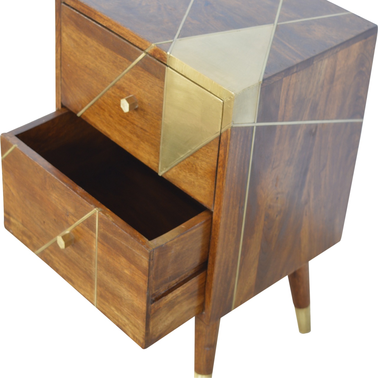 Solid Chestnut Finished Mango Wood Two Drawer Geometric Brass Cabinet1 - Image 3