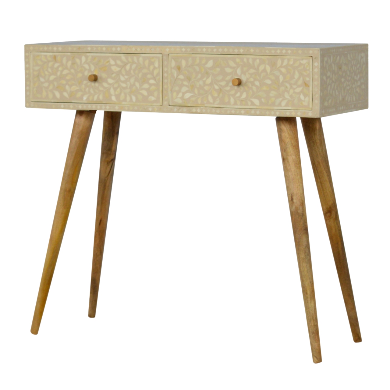 Solid Mango Wood Oak Finished 2 Drawer Floral Bone Inlay Console Table - Image 3